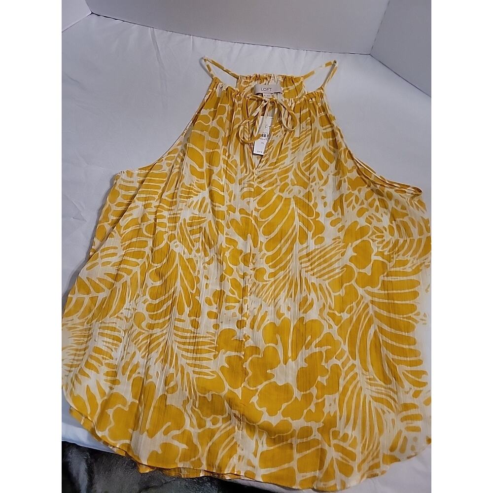 Ann Taylor Loft Women's XL white & yellowTie front Tank Top Blouse cotton NWT